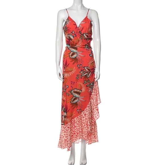 Farm Rio Coral Mixed Print Floral Ruffle Hem Wrap Maxi Dress. - Picture 1 of 5